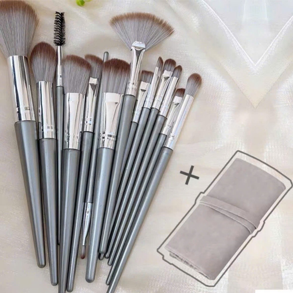 Bộ cọ trang điểm cá nhân set 14 cây màu xám bạc có bao da