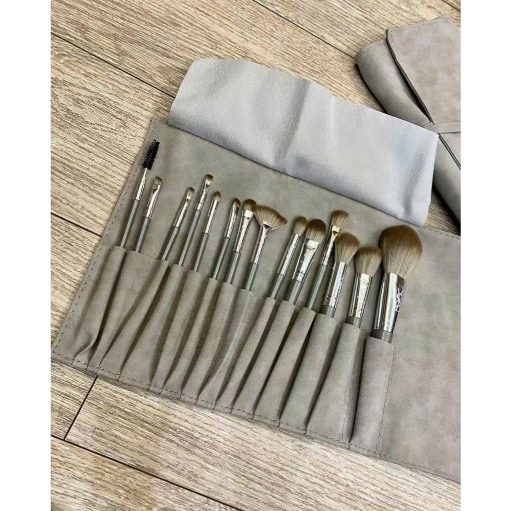 Bộ cọ trang điểm cá nhân set 14 cây màu xám bạc có bao da