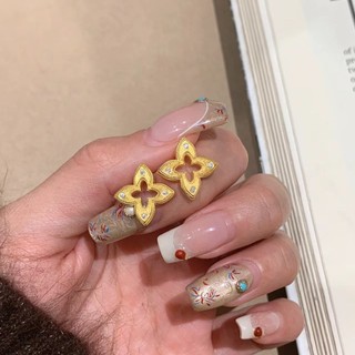Bộ Trang Sức Đa Năng gồm Bông Tai Vàng Rỗng Bốn Lá và Vòng Cổ Kẻ Sọc Zircon Sang Trọng cho Phụ Nữ