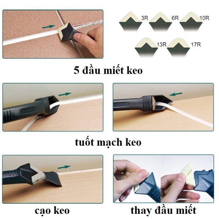 Dụng Cụ Miết Keo Silicon 3 Trong 1, Kèm 5 Đầu Miết, Phù Hợp Cho Các Dải Cạnh Keo Có Chiều Rộng Khác Nhau, Chất Lượng