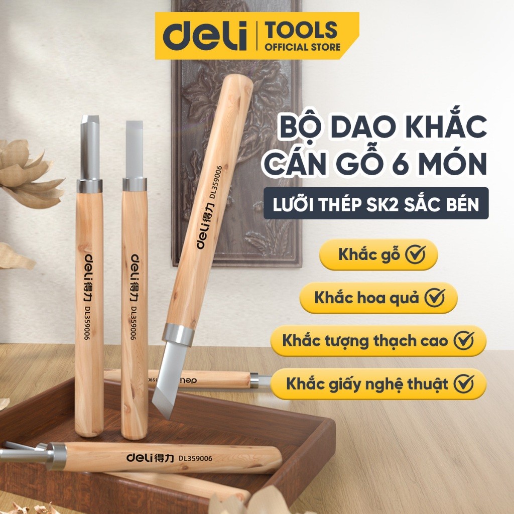 Bộ dao khắc cán gỗ Deli Cao Cấp - Lưỡi SK2 sắc bén - Khắc gỗ, hoa quả, thạch cao, giấy