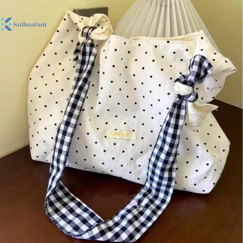 Kudosation Vintage Chấm Bi Nữ Vải Đeo Vai Dung Tích Lớn Nữ Messenger Túi Đi Làm Túi Xách