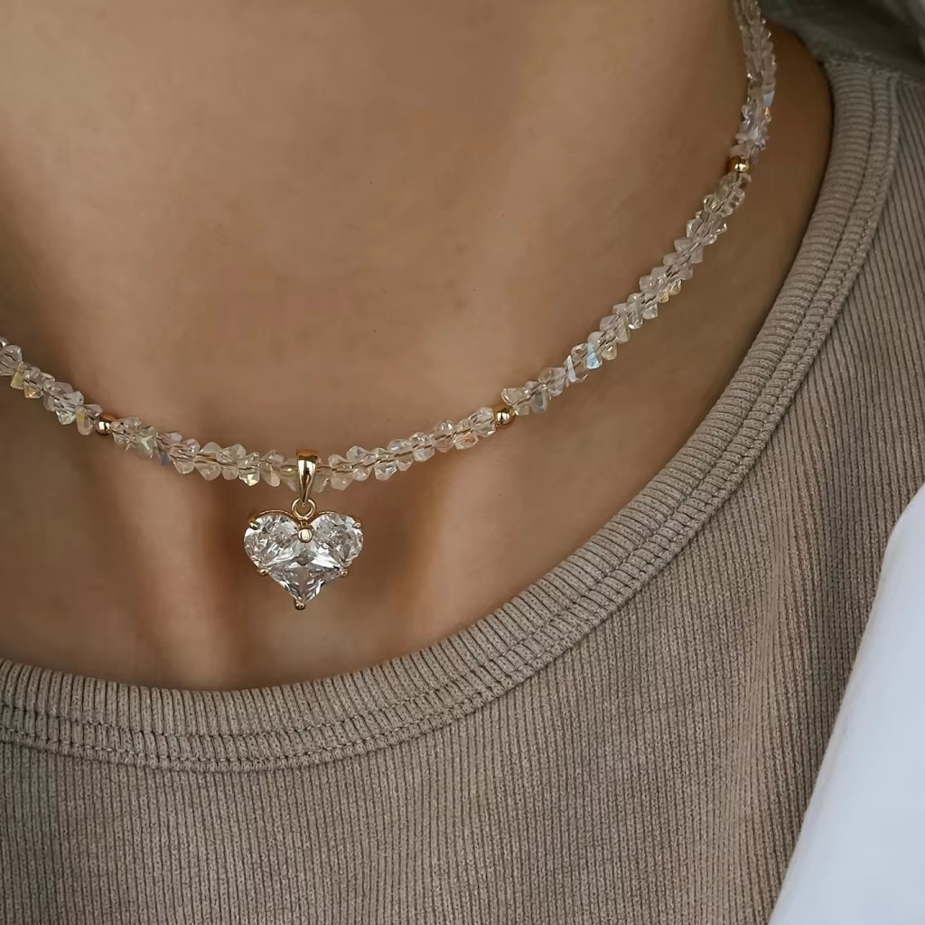Vòng cổ handmade pha lê zircon với thiết kế đồng hồ kẻ sọc và trái tim ánh sáng sang trọng, dây thép không gỉ