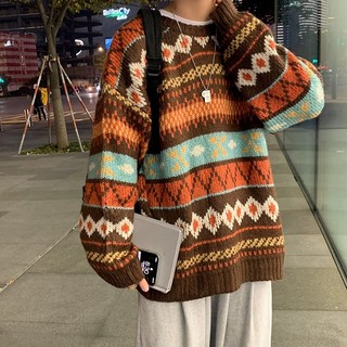 Mùa Đông Nguyên Đỏ Jacquard Áo Len Lười Phong Cách Retro Nhật Bản Cổ Tròn Thương Hiệu Ấm Áp Rời Cặp Đôi Dệt Kim 25.9.29