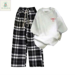 [ Hàng Mới ] Sét Bộ Quần Kẻ caro+ mix áo phông form rộng -nơ AN PHA in ngực-