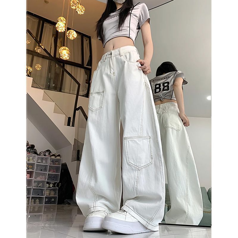 American High Street Thiết Kế Trắng Sense Machete Jeans Nữ Thu Đông Phong Cách Mới Rời Ôm Hơn Nhìn Cao Cấp Ống Rộng Lau Quần