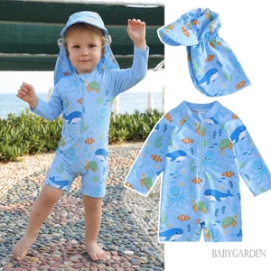 Bộ đồ bơi bảo vệ phát ban cho bé trai 3M-3Y có mũ Bộ đồ bơi dài tay in hình sinh vật biển
