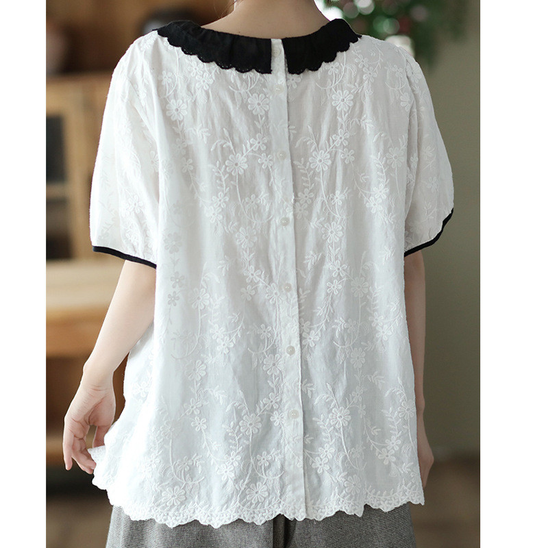 Áo sơ mi nữ chất liệu cotton cao cấp Hàn Quốc Dongdaemun cổ búp bê ren cổ điển lót thêu văn học