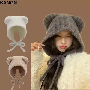 Mũ len tai gấu KANGN, ấm áp với dây thừng Mũ máy bay ném bom dệt kim, Bảo vệ tai Y2k Ren mũ mùa đông