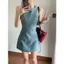 Váy Denim không tay màu xanh cổ điển Thiết kế mùa hè Niche Slim-fit Slimer Look Temperament Váy hông