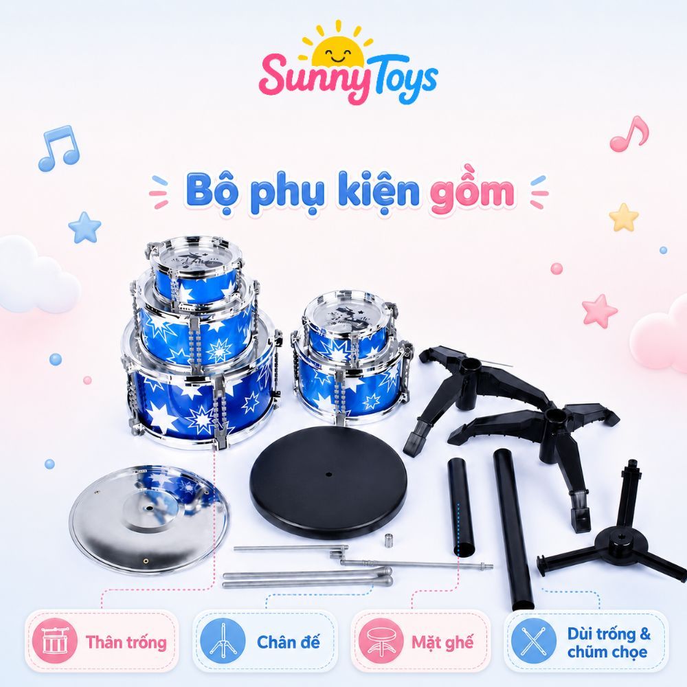 Dàn Trống Jazz Mini Sunnytoys Kèm Ghế - 5 Mặt Trống, 1 Chũm Chọe Cho Bé Vui Chơi Âm Nhạc
