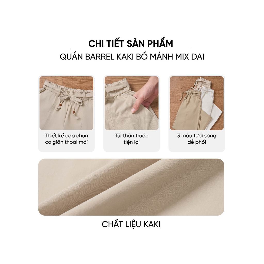 Quần dài nữ CARDINA dáng barrel kaki bổ mảnh mix đai 6QDB04