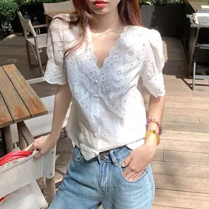 Áo sơ mi ngắn tay cổ chữ v ren trắng siêu cổ tích kiểu Pháp Áo sơ mi ngắn tay kiểu phương Tây nhỏ