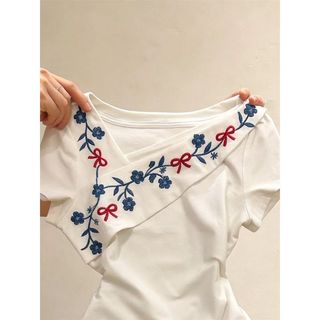 [Giảm giá 50%] Áo thun ngắn tay thêu hoa trắng dành cho nữ Mùa hè Retro Tính khí Sli