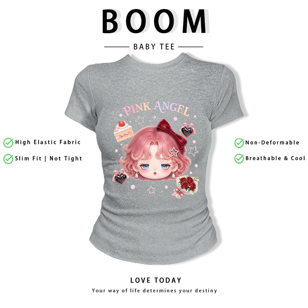 BOOM Áo Baby Tee Nữ Cotton Ôm Body-Áo Thun Ngắn Tay Y2K In Hình PhongCách Mùa Hè, Cổ Tròn Hàng Đầucách hàn quốc phong340
