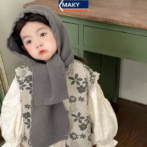 MAKY Thu Đông Retro Mũ Trẻ Em Màu Trơn Khăn Cho Bé Khăn Dệt Kim Đa Năng Đơn Giản Tích Hợp Mũ Len Mũ Chui Đầu VN
