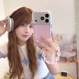 Hàn Quốc Mờ Trong Suốt Màu Hồng Đính Hạt Dây Xích Cổ Tay Ốp Lưng Điện Thoại iPhone 17Promax 17Pro 14 15 16 Pro Max 13 Chống Sốc Hai Lớp imd Nữ Điện Thoại Di Động