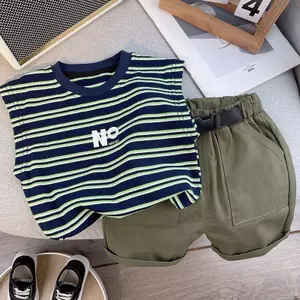 Phong cách mới mùa hè (80-120) Áo Vest sọc bé trai Áo không tay thời trang + Quần yếm hai mảnh