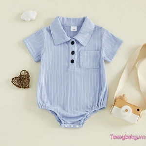 Bộ áo liền quần phía trước có nút cho bé trai Áo liền quần ngắn tay cổ rẽ màu trơn