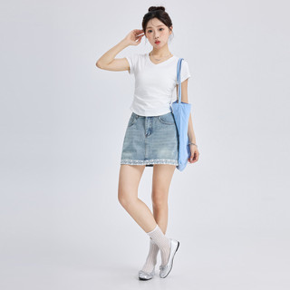 [Miziqi] Áo thun cổ chữ v màu trắng mùa hè dành cho nữ Áo ngắn xếp ly