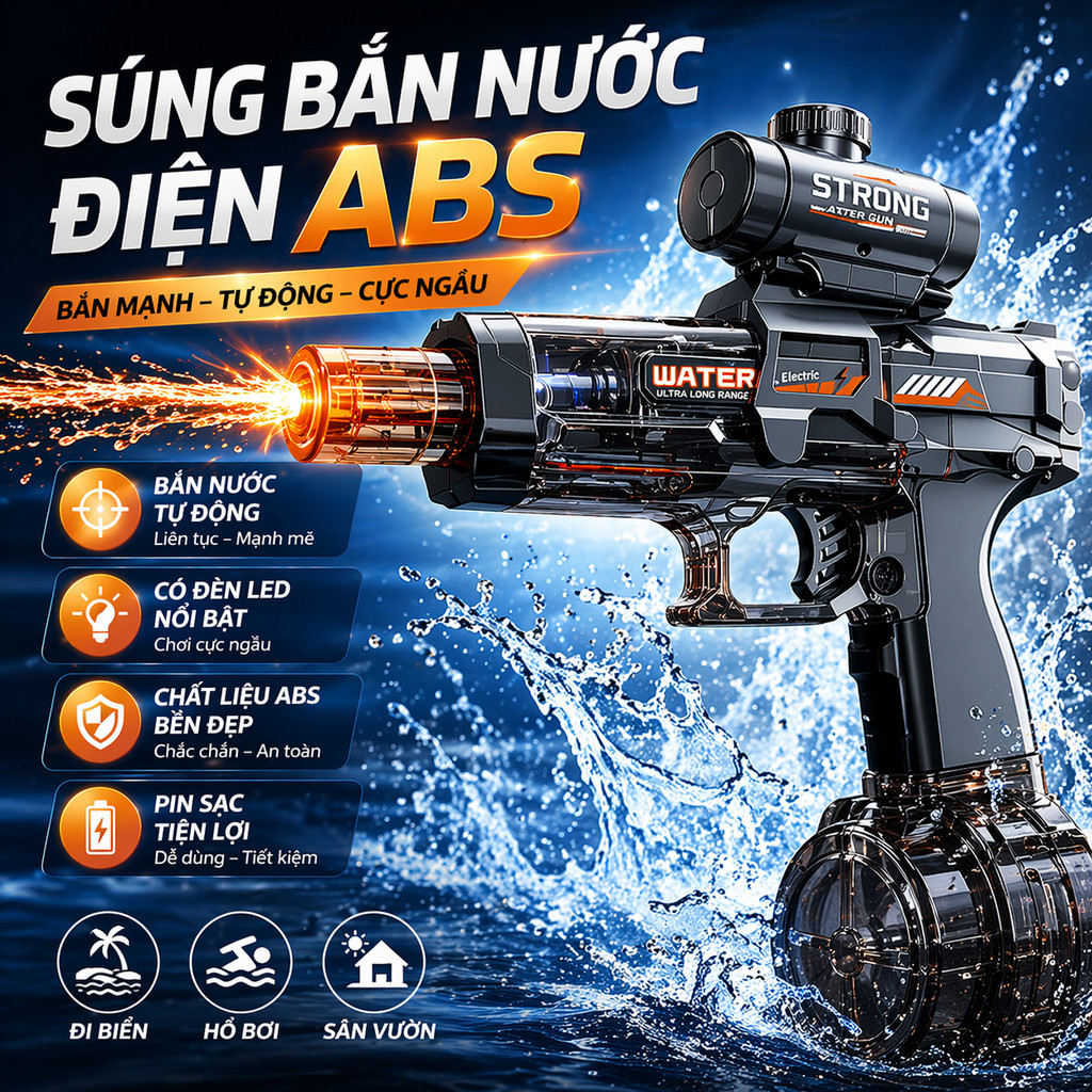 COD Súng nước điện tự động 2026 có đèn LED, tầm bắn 8m, bình chứa 500ml kèm kính ngắm đồ chơi hè cho trẻ em