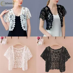 Mũi ren EDIWANY, Áo khoác ngắn tay mở phía trước cô dâu mùa hè, Hoa văn thanh lịch màu đen / trắng phong cách cây trồng hoa dành cho nữ