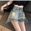 Quần Jean Frayed Nữ Mỹ Retro Phong Cách Mới Rời Quần Thẳng Quần Short Quần Nóng Quần