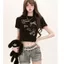 Áo thun ngắn tay ngắn Cotton nguyên chất Top Dopamine nơ in hình gấu ngắn nữ ngắn