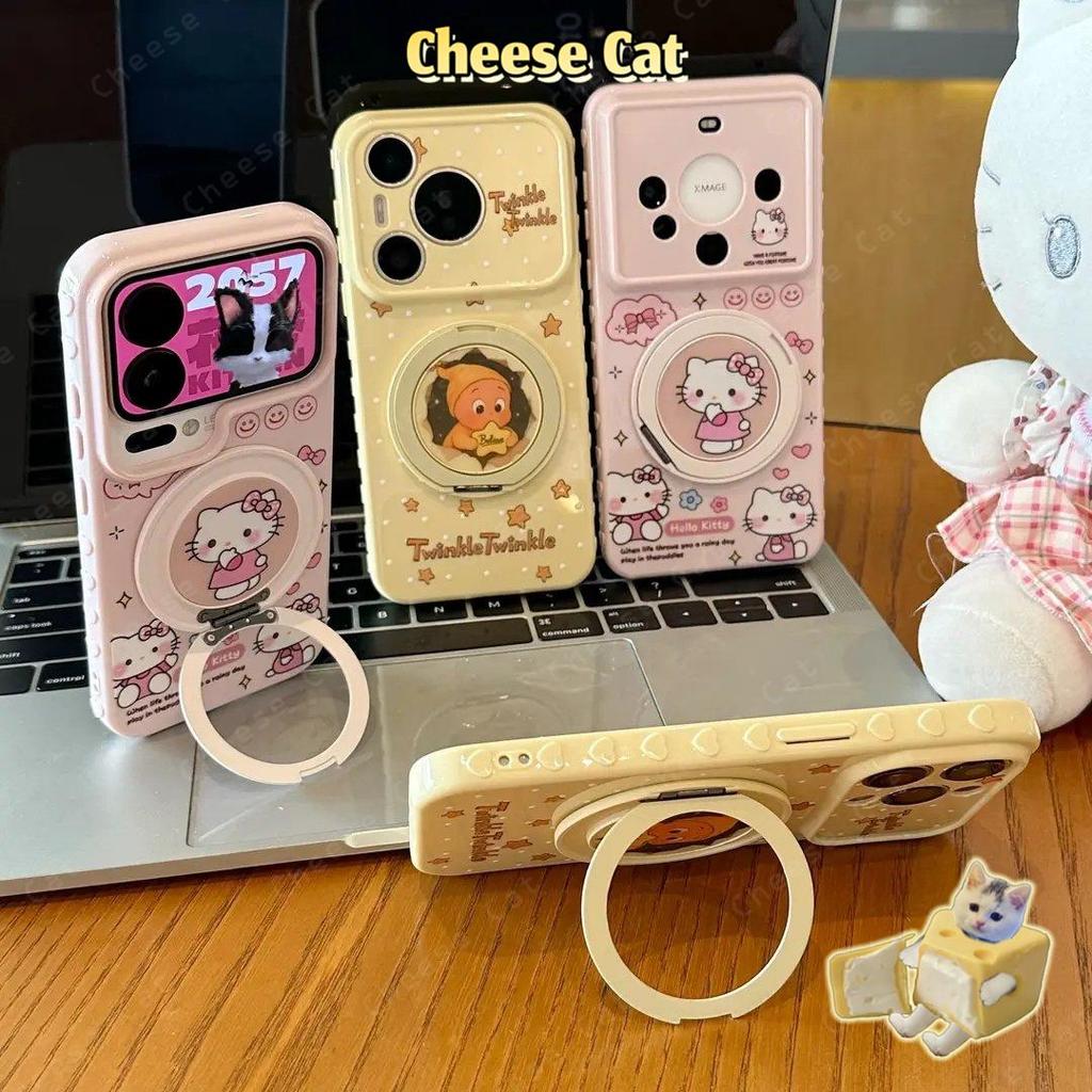 Ốp điện thoại màu hồng Kitty Star màu vàng Chân đế xoay kim loại cho iPhone 16 17 13 14 15 Plus 12 11 Pro Max Xs XR