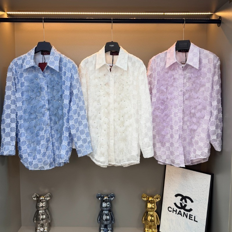 Áo sơ mi nữ ba chiều có ve áo Jacquard mới + Áo sơ mi dáng rộng đính đá dành cho nữ
