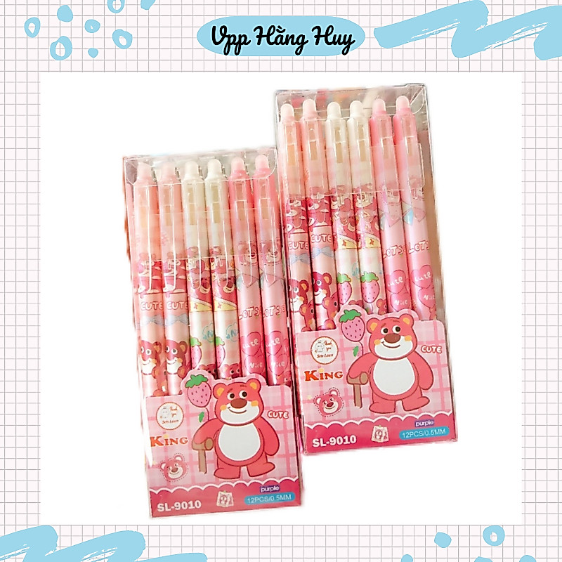 Hộp 12 Cây Bút Gel Gấu Dâu Bấm Xóa Được, Mực Xanh Tím