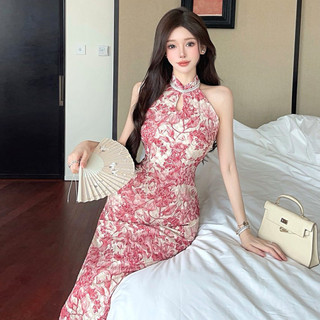 Đầm sườn xám xẻ tà in họa tiết cổ điển phong cách Trung Hoa Cao cấp thanh lich cho Nữ mùa Hè