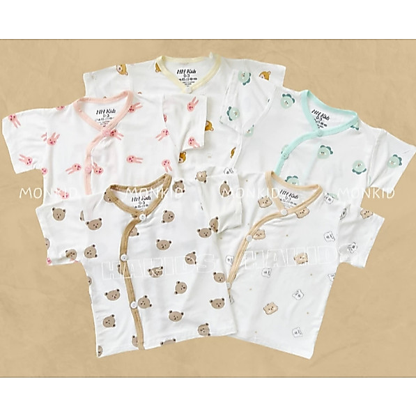 [Peinn] Combo 5 áo cộc sơ sinh trắng hoạ tiết, thiết kế cúc chéo, chất thun lạnh, mềm, mát, thấm hút mồ hôi