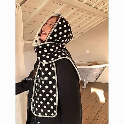 Khăn choàng dệt kim dày phong cách Nhật Bản cổ điển đen trắng chấm bi, bảo vệ cổ vào thu đông
