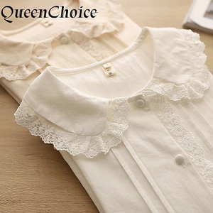 Áo sơ mi nữ Cotton màu trắng trơn ren dài tay nữ cổ ngọt ngào làm việc hàng đầu