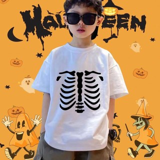 Đáng Sợ Họa Tiết Đầu Lâu Halloween Trẻ Em Áo Thun Ngộ nghĩnh Bộ Xương In Tay Ngắn Trang Phục Thường Ngày Trang Phục