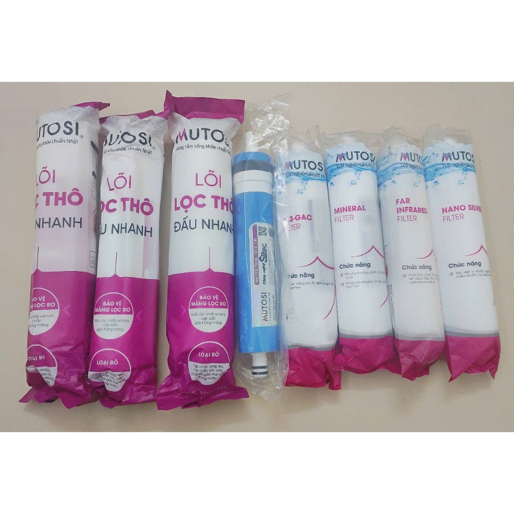Combo 9 Lõi Lọc Nước Mutosi Sử Dụng 123 Đúc, Màng RO Seltic 100GPD, T33, Min, Far, Nano, Aklaline Model MP-390U