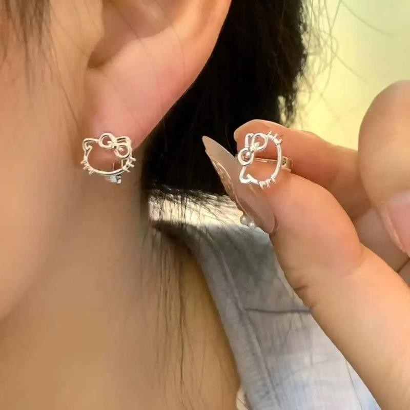 Bông tai Hello Kitty nơ kim loại, trang sức bạc, quà tặng