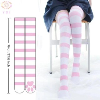 Y.X.I 1 Đôi Tất Trên Đầu Gối Dải Hồng Paw In Vớ Trên Đầu Gối Đùi Cao Dài Vớ Mới