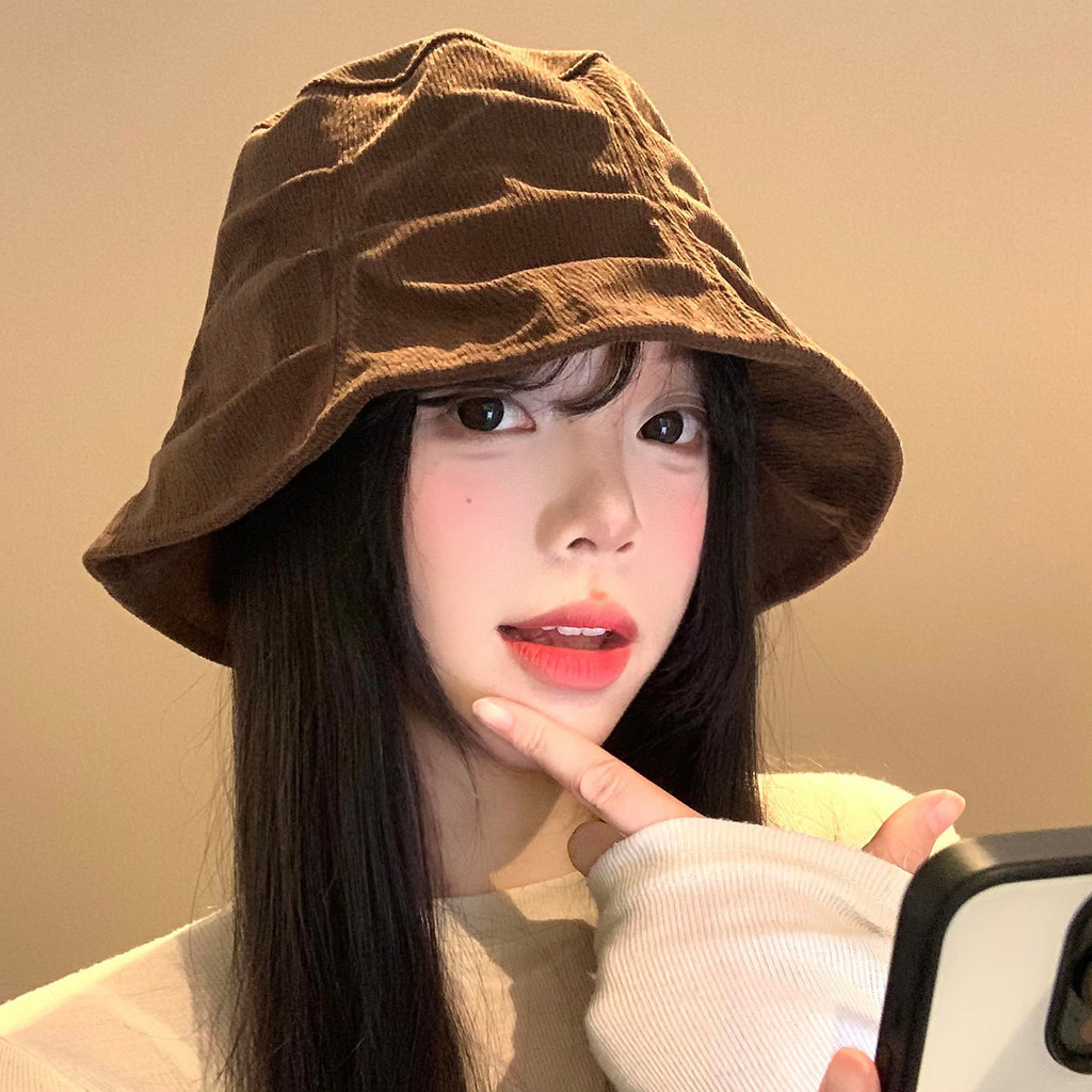 Corduroy Xếp Ly Nón Nữ Phong Cách Nhật Bản Retro, Kích thước Lớn Chu Vi Nhỏ