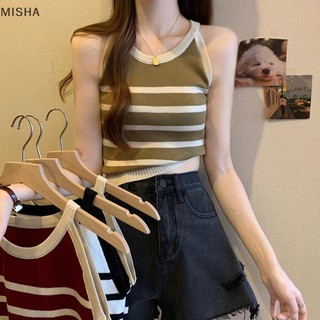 Misa Mùa Hè Hàn Quốc Thời Trang Sọc Dệt Kim Tank Top Nữ Cổ Tròn Không Tay Áo Ôm