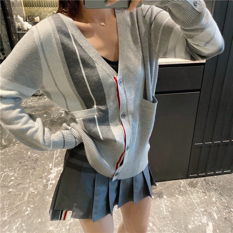 thombrowne Gray Contrast Color Striped Cardigan8787Style Color Block Knitted Jacket Asymmetric Striped Jacquard Sweater Top for Women