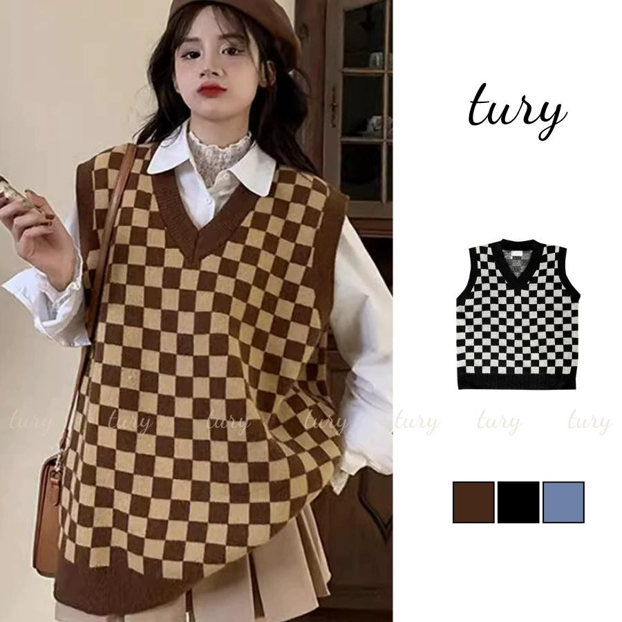 Áo Len Unisex Nam Nữ - Tury - Áo Gile Họa Tiết Ô Vuông Vintage Áo Len Dáng Xuông Cá Tính Thời Trang Thu Đông - TA020
