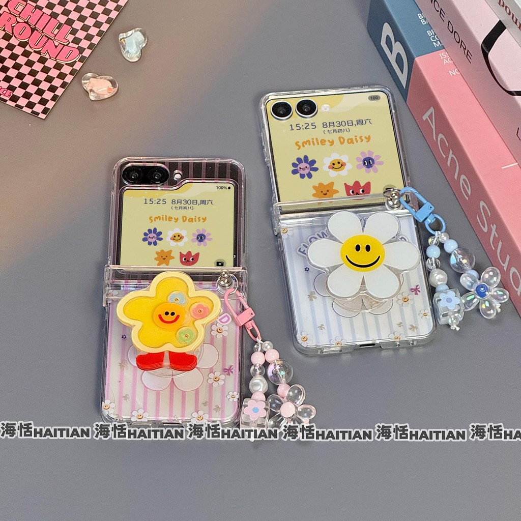 Ốp điện thoại Samsung Galaxy Z Flip 7/6/5/4 5G viền sọc trong suốt, có giá đỡ, họa tiết mặt cười & hoa, kèm dây đeo