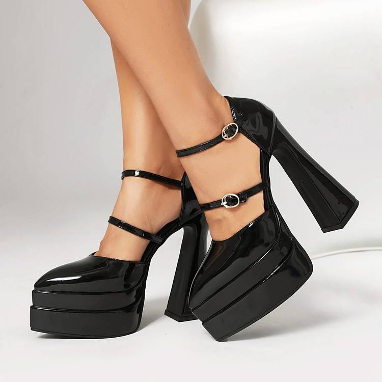 SKMY34-43 Kích Thước Lớn Mũi Nhọn Đế Dày Bằng Sáng Chế Da Nông Miệng Bên Rỗng Khóa Dây Sandal Thời Trang Dày Cao Gót Hộp Đêm Dây Lưng Mô Hình