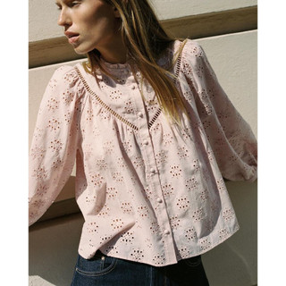 Áo Sơ mi Zara made in Morocco thêu đột rỗng cổ tròn bèo màu nhẹ nhàng