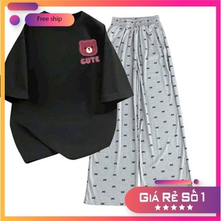 Bộ sét quần rộng hoạ tiết nơ  cạp chun+và áo phông gấu hồng chữ CUTE trẻ trung, sành điệu unisex-THUBA