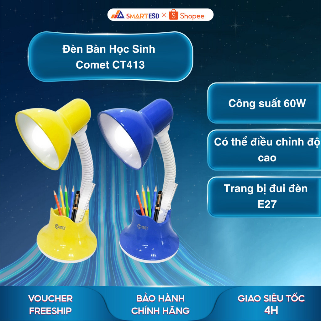 Đèn Bàn Học Sinh Comet CT413 - Có ngăn đựng bút - Đui đèn E27 - Bảo hành chính hãng 12 tháng