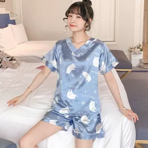 Bộ Đồ Ngủ Nữ Mùa Hè Ngắn Tay Kiểu Mỏng Giả Lụa Dễ Thương Cho Nữ Học Sinh Mùa Hè Bộ Hai Chiếc
