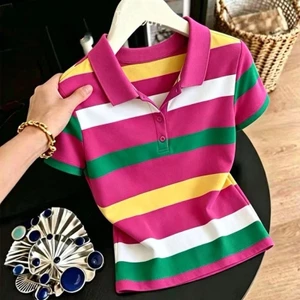 Áo thun nữ sọc tay ngắn mùa hè mẹ khoe cổ áo Polo mới thời trang giản dị hàng đầu